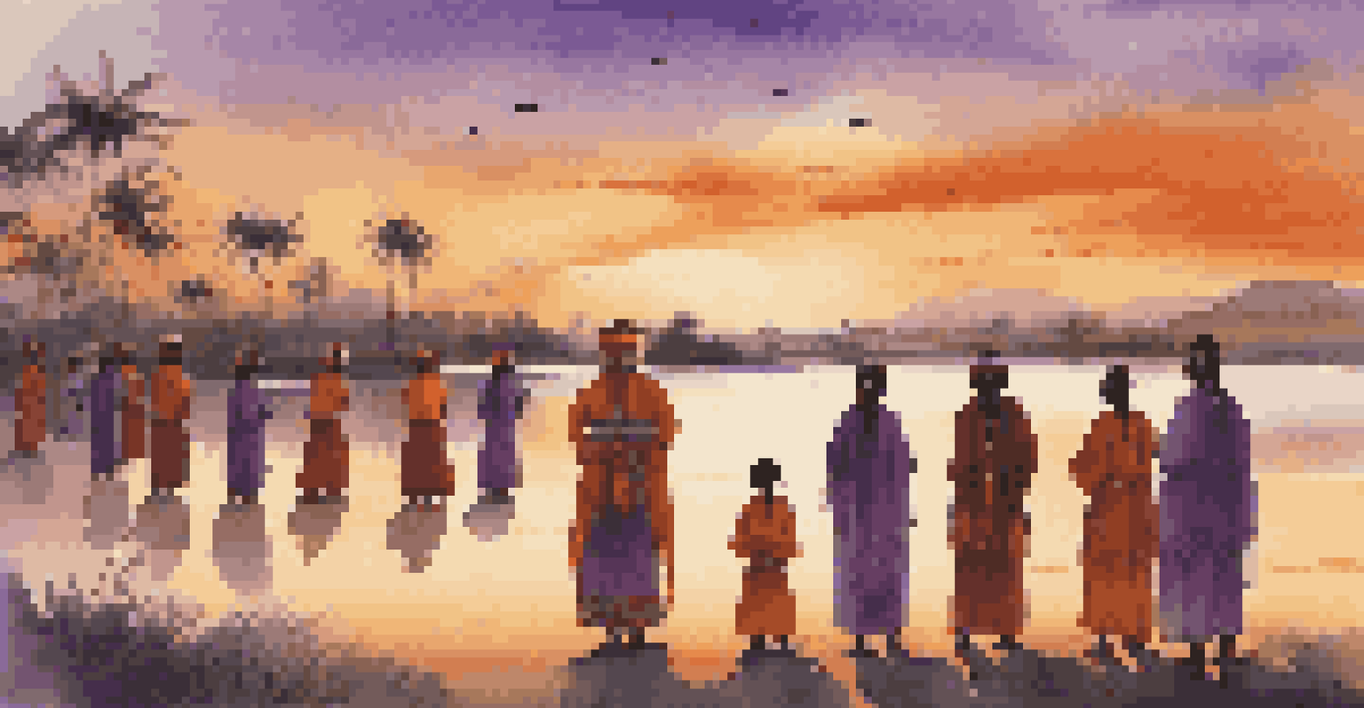 A traditional cultural ceremony at sunset with participants in vibrant attire, reflecting harmony and respect.