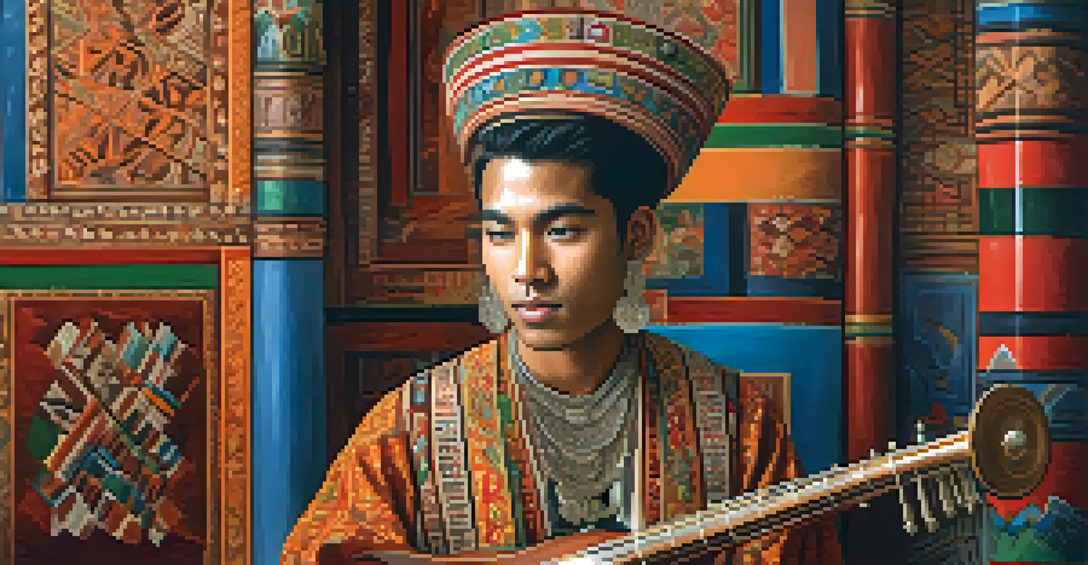 A close-up of a musician in traditional attire playing an instrument, surrounded by cultural decorations.