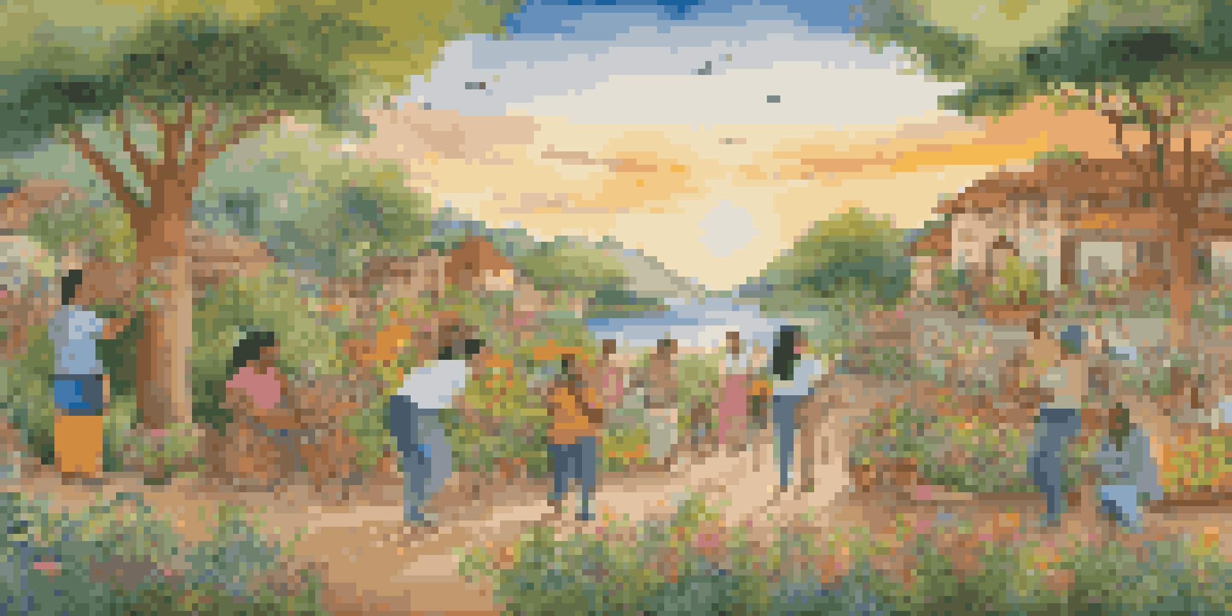A community mural being painted by diverse individuals in a sunny, green landscape, highlighting symbols of their cultural heritage.