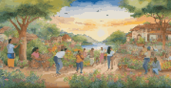 A community mural being painted by diverse individuals in a sunny, green landscape, highlighting symbols of their cultural heritage.