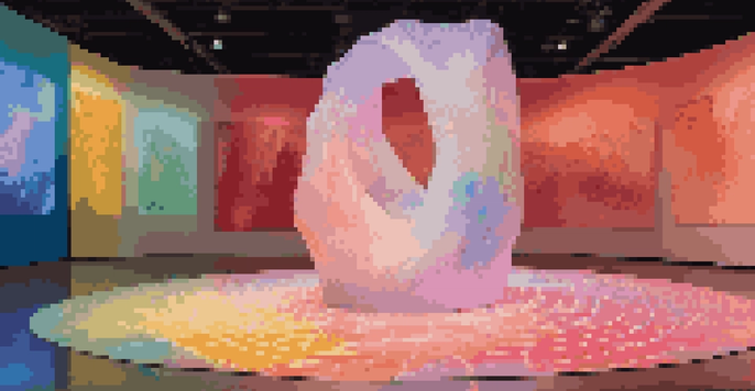 An interactive art installation with a central abstract sculpture, colorful lights, and soft textured flooring inviting viewer engagement.