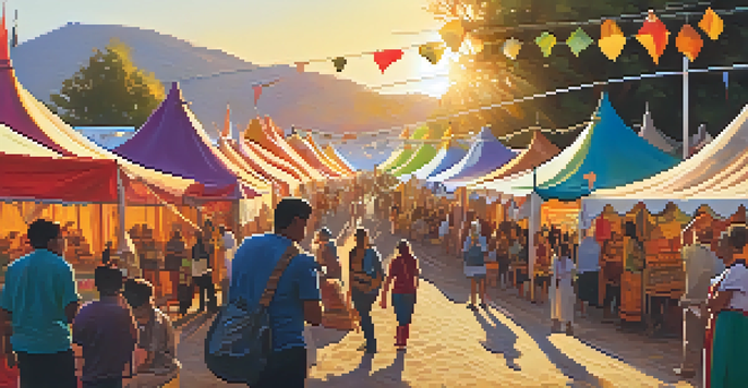 A lively art festival with artists showcasing their folklore-inspired works, surrounded by diverse attendees engaging in workshops and performances under a warm sunset.