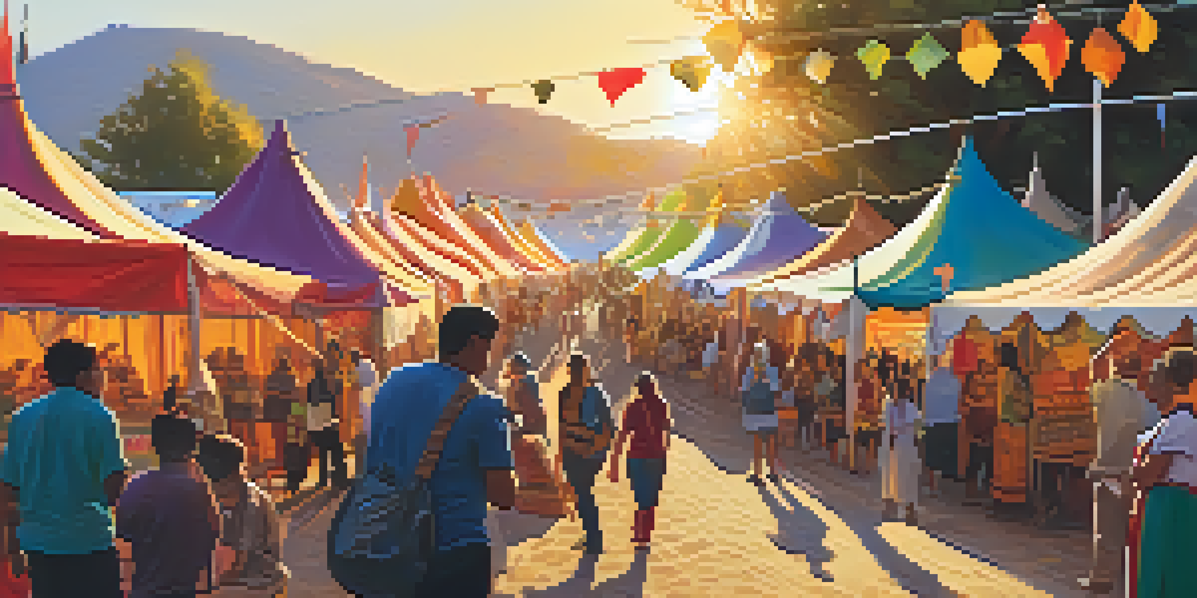 A lively art festival with artists showcasing their folklore-inspired works, surrounded by diverse attendees engaging in workshops and performances under a warm sunset.