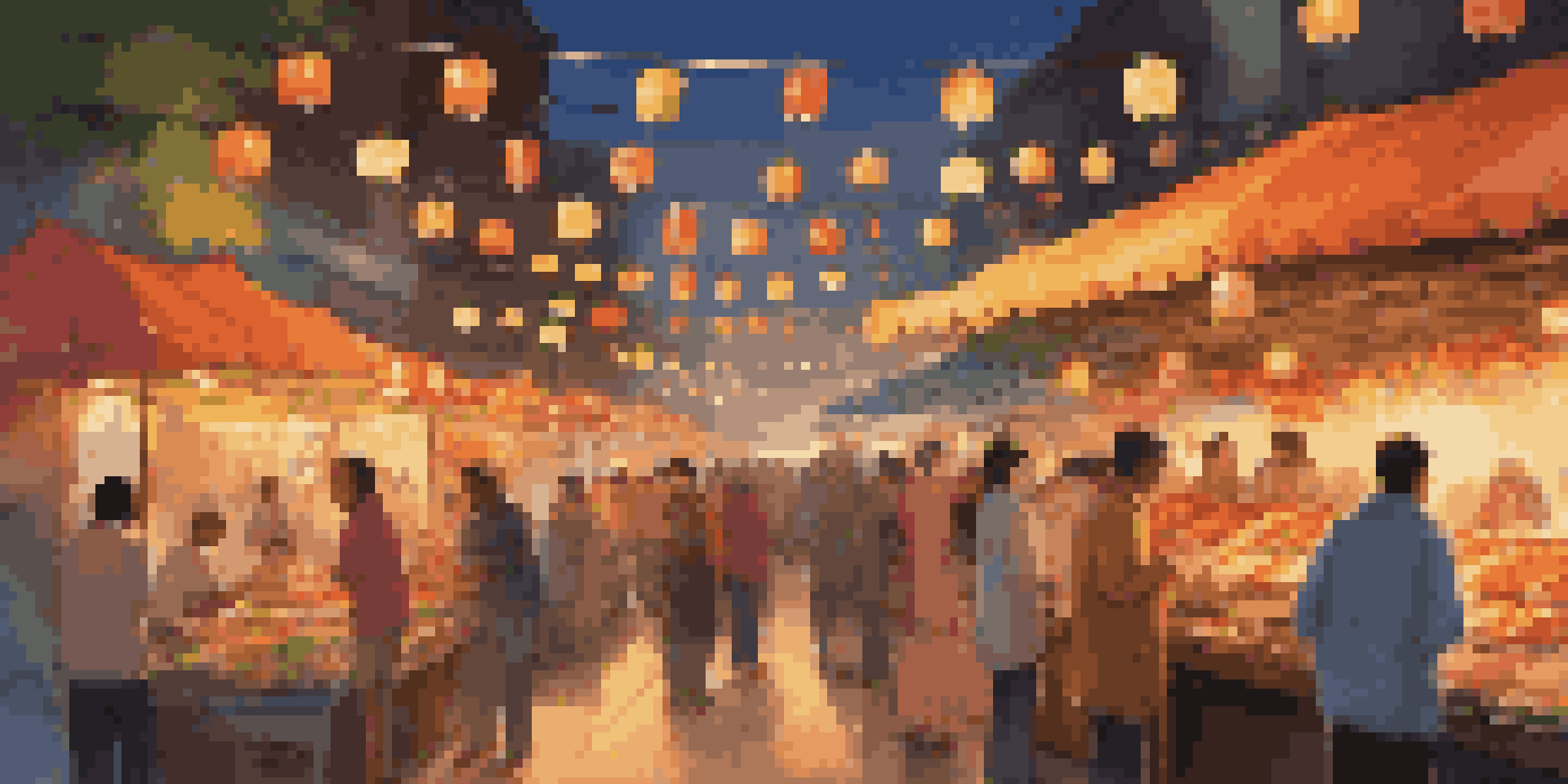 A bustling street food market at dusk, filled with colorful stalls and people enjoying food.