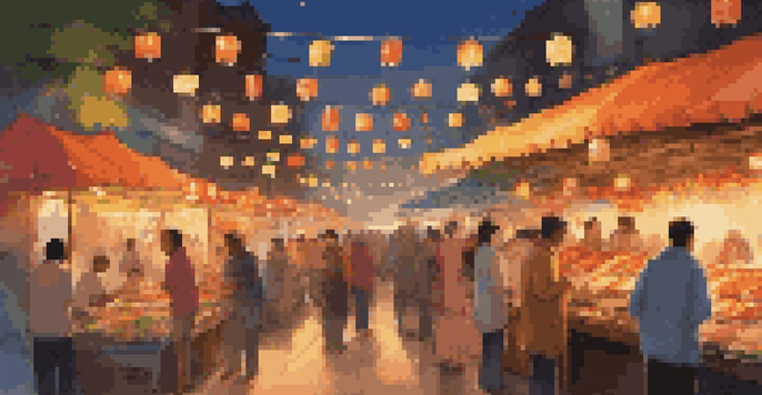 A bustling street food market at dusk, filled with colorful stalls and people enjoying food.