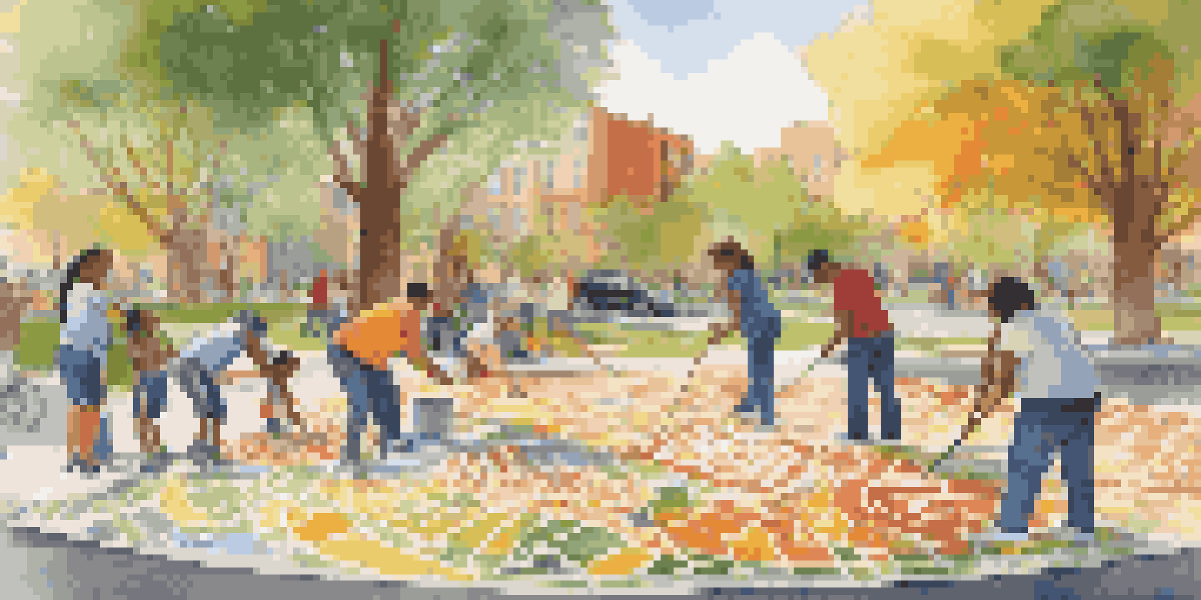 A diverse group of artists and volunteers painting a colorful mural in an urban park, showcasing cultural heritage.