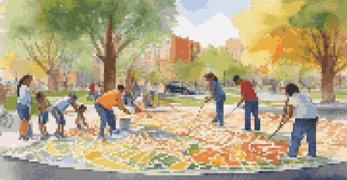 A diverse group of artists and volunteers painting a colorful mural in an urban park, showcasing cultural heritage.