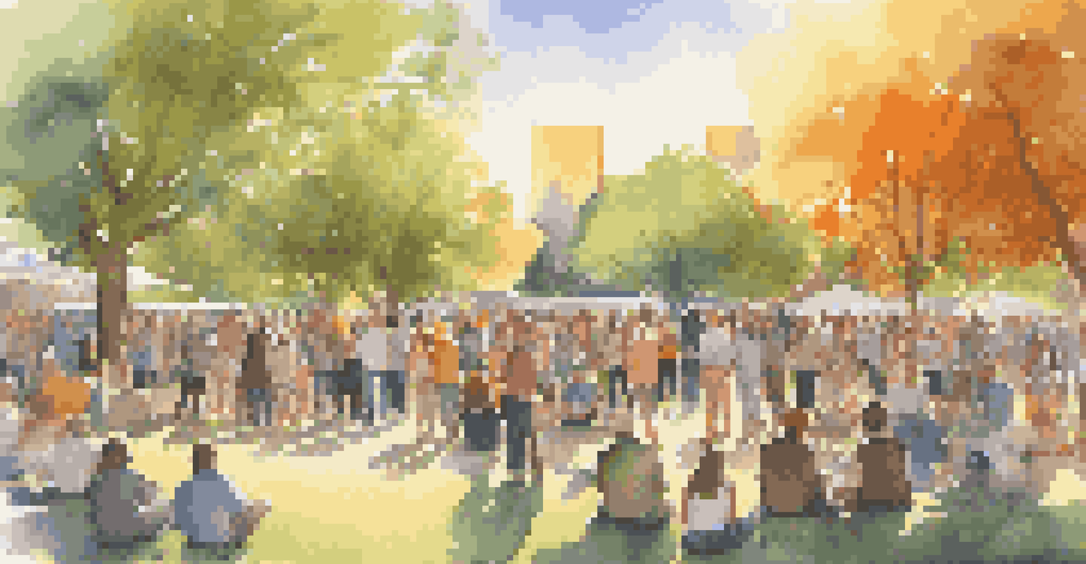 An outdoor sound art performance in a park, with colorful sculptures and a diverse crowd enjoying the event under a sunset.