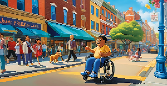 A cheerful cartoon character in a wheelchair happily navigating a vibrant city street filled with people and colorful storefronts.