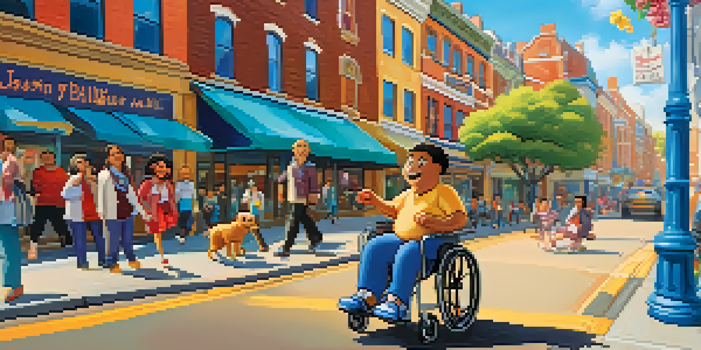 A cheerful cartoon character in a wheelchair happily navigating a vibrant city street filled with people and colorful storefronts.