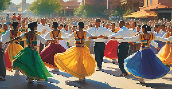 A lively cultural festival with traditional dancers in bright costumes and a crowd watching, with a historic center in the background.