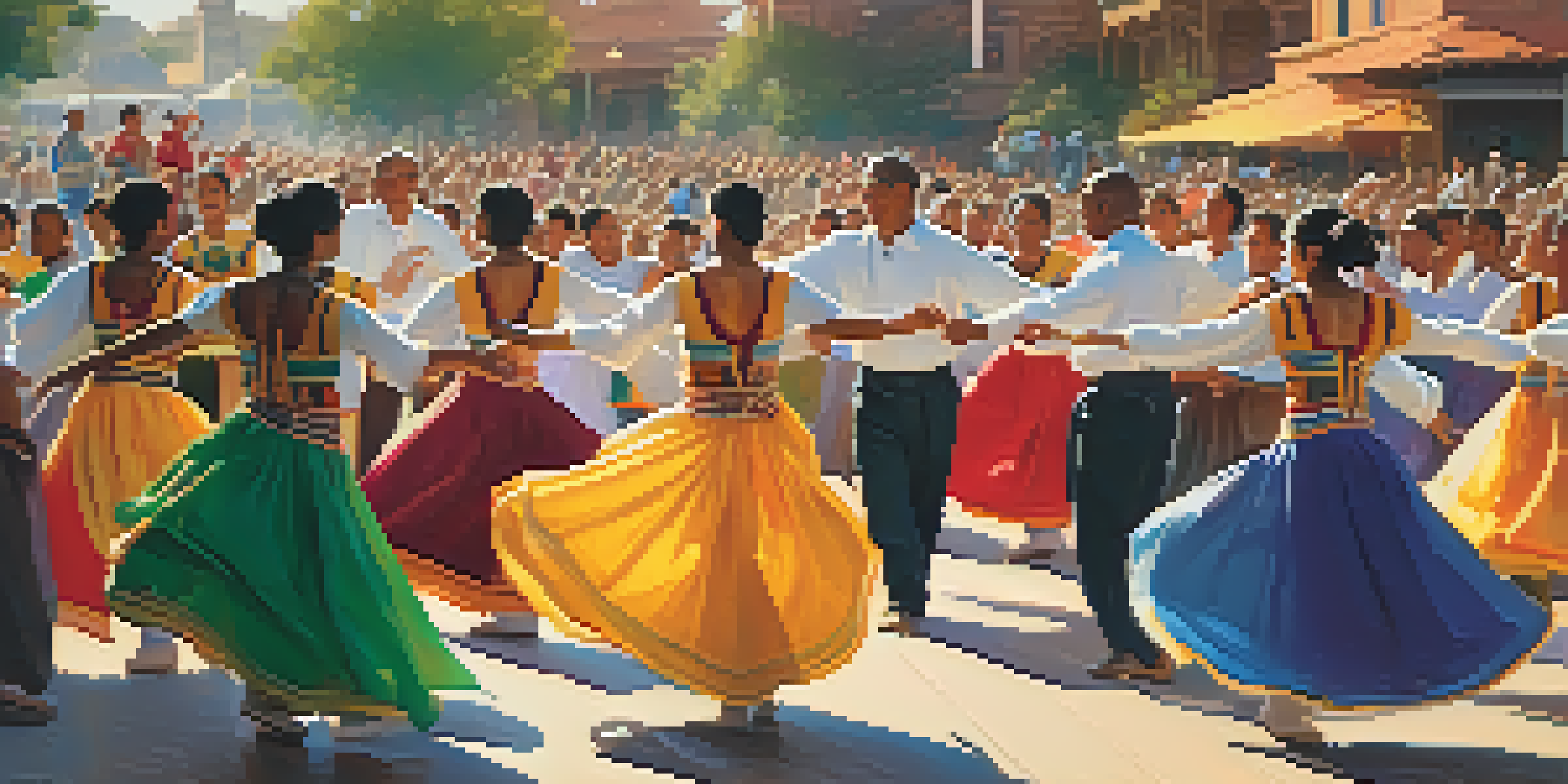 A lively cultural festival with traditional dancers in bright costumes and a crowd watching, with a historic center in the background.