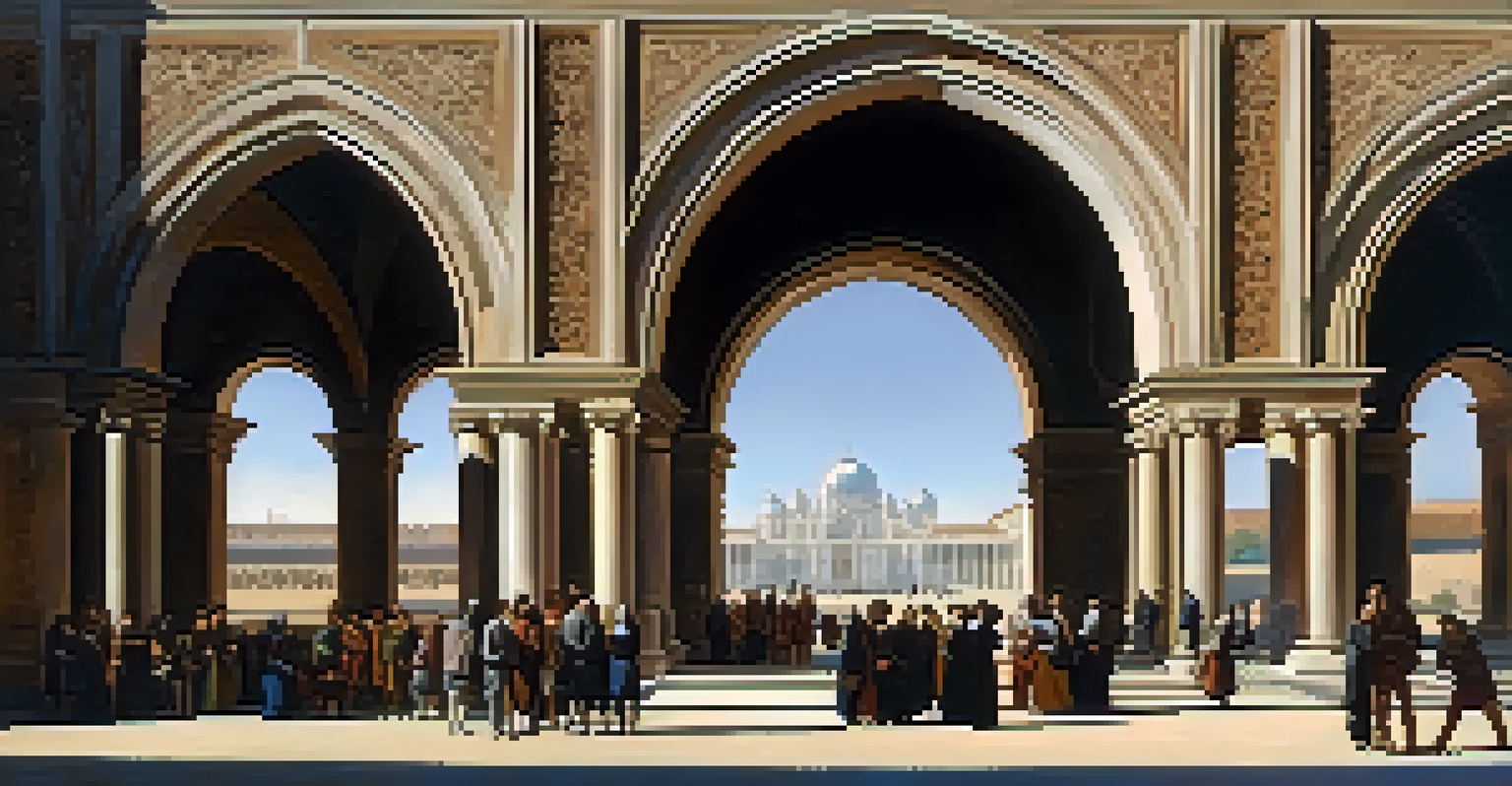 A Renaissance scene of scholars discussing under an archway, with soft pastels and gentle lighting.