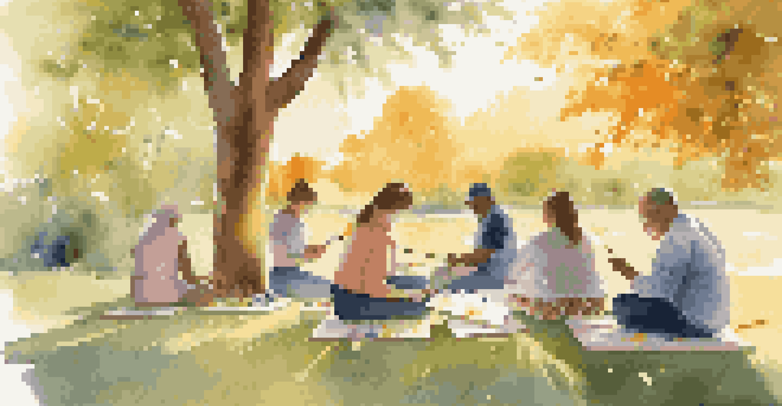 A peaceful outdoor art therapy session at sunset, with individuals of different backgrounds painting their emotions on canvases.