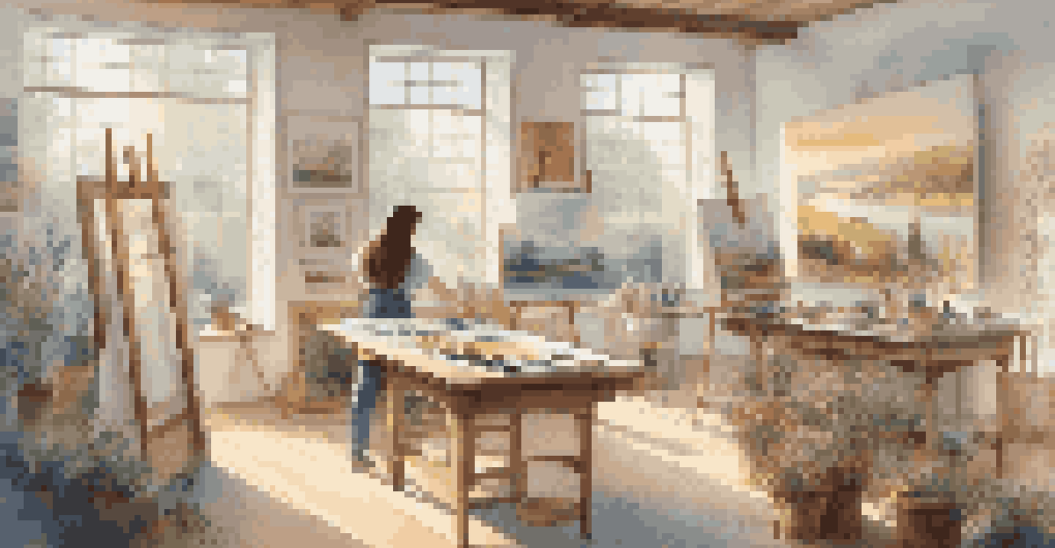 An artist in a bright studio painting a landscape on a large canvas, surrounded by colorful art supplies and artworks.