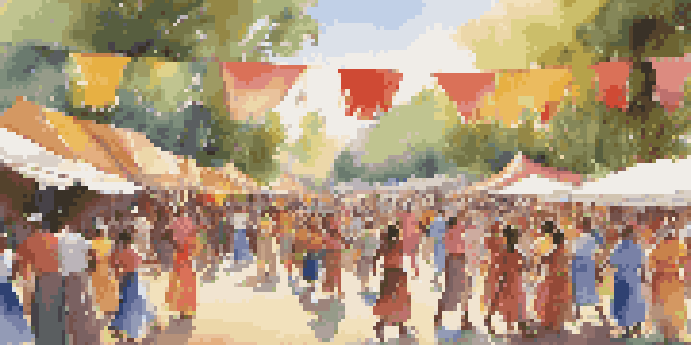 A lively community festival with people of various backgrounds dancing and displaying art, set under the warm sunlight and colorful decorations.