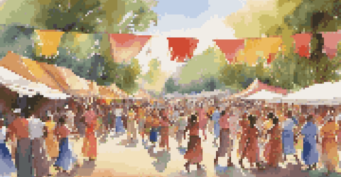 A lively community festival with people of various backgrounds dancing and displaying art, set under the warm sunlight and colorful decorations.