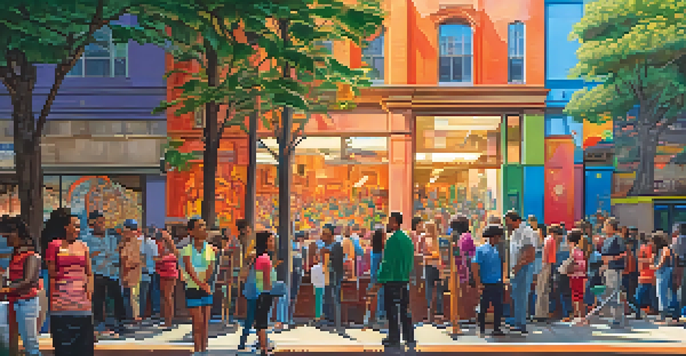 A scene depicting a diverse group of artists working together on a colorful mural in an urban setting, with onlookers and city buildings in the background.