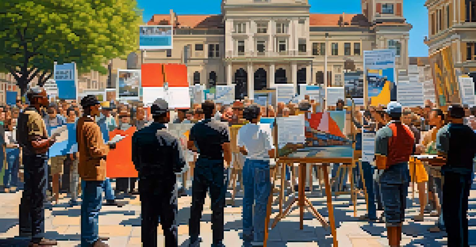 Artists displaying powerful protest art in a city square, surrounded by engaged onlookers.