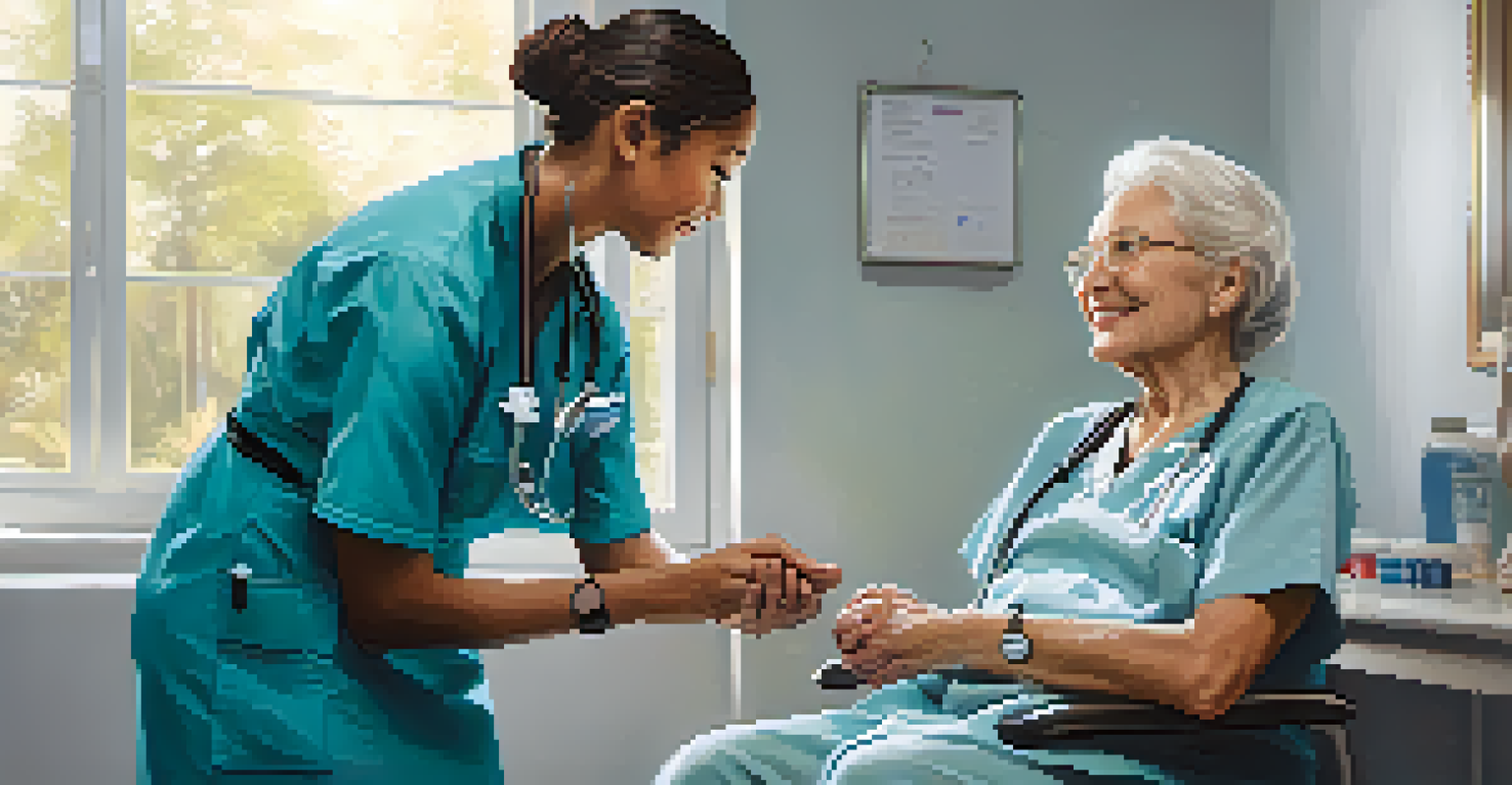 A healthcare worker providing compassionate care to an elderly patient in a clinic.