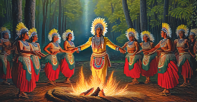 A group of Indigenous dancers in traditional clothing performing around a fire at dusk, surrounded by a forest.