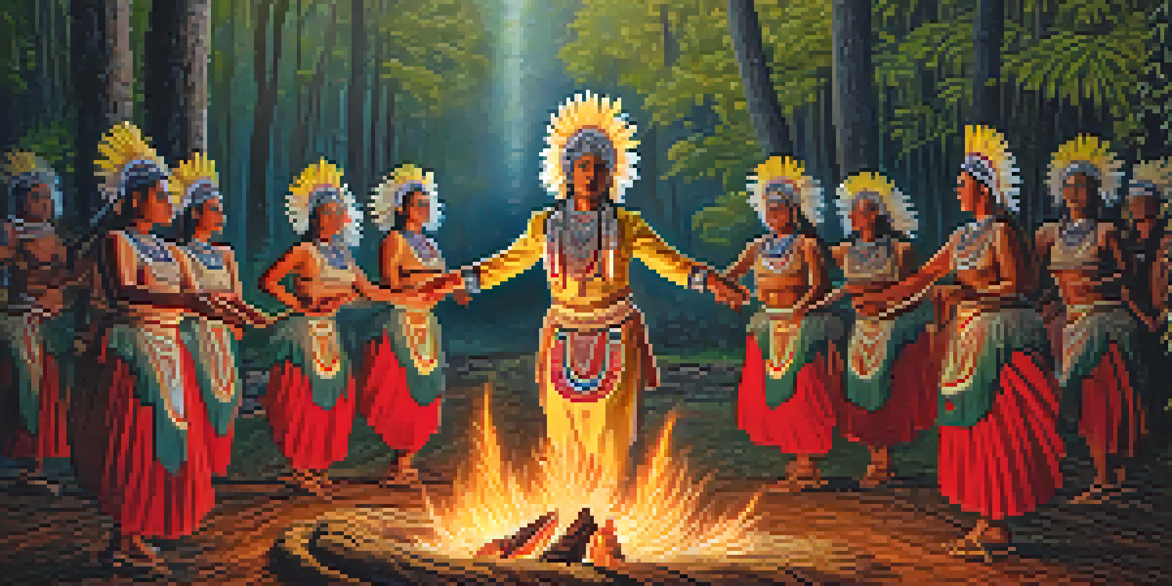 A group of Indigenous dancers in traditional clothing performing around a fire at dusk, surrounded by a forest.