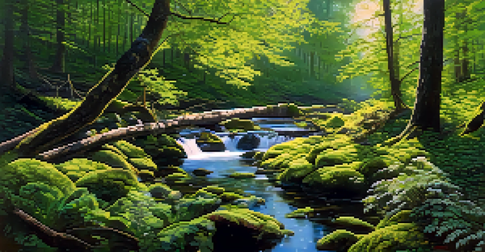 A peaceful forest scene with sunlight, a flowing stream, and a fallen moss-covered tree, showcasing the beauty of nature.