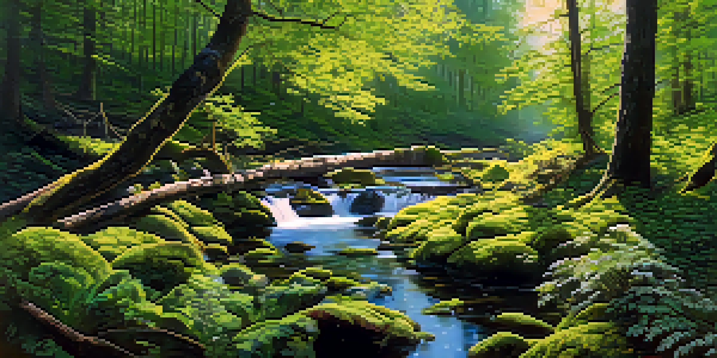 A peaceful forest scene with sunlight, a flowing stream, and a fallen moss-covered tree, showcasing the beauty of nature.