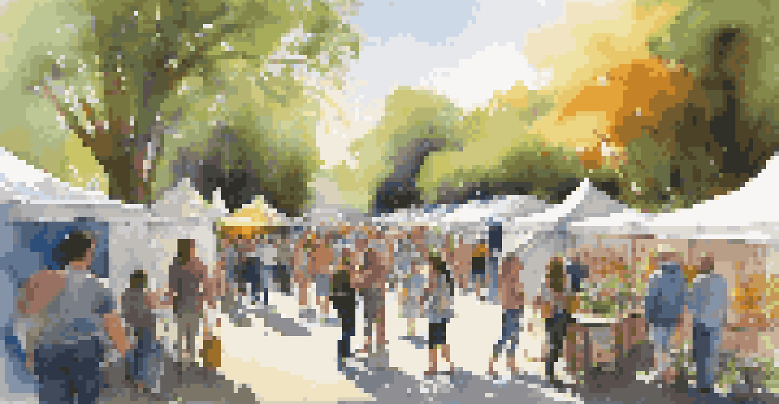 An outdoor art fair with people exploring art installations, surrounded by greenery and sunlight.
