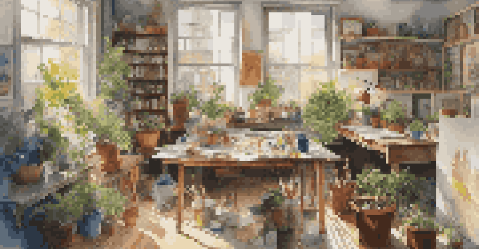 An artist's studio with a table full of art supplies and a vibrant street scene painting in progress.