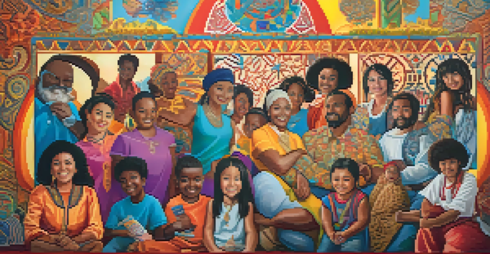 A colorful mural showcasing diverse artists from different racial backgrounds, surrounded by artistic symbols and patterns, illuminated by natural light.