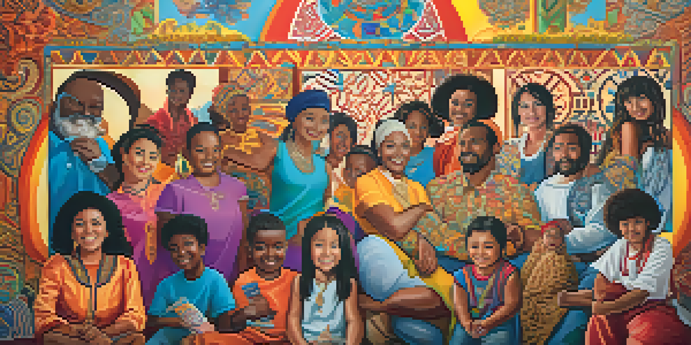 A colorful mural showcasing diverse artists from different racial backgrounds, surrounded by artistic symbols and patterns, illuminated by natural light.