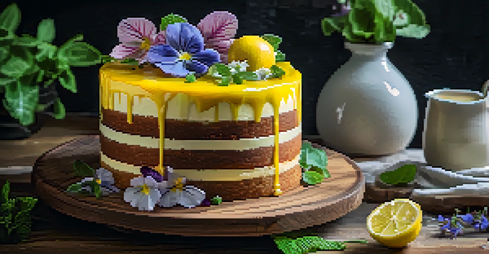 A layered cake with yellow lemon curd, mint leaves, and edible flowers, presented on a wooden board in soft natural light.