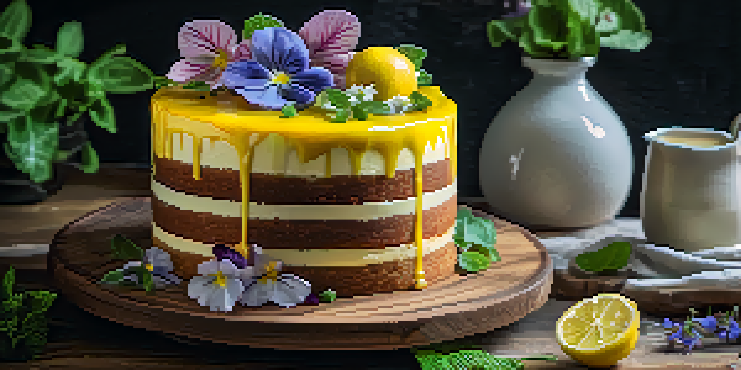 A layered cake with yellow lemon curd, mint leaves, and edible flowers, presented on a wooden board in soft natural light.