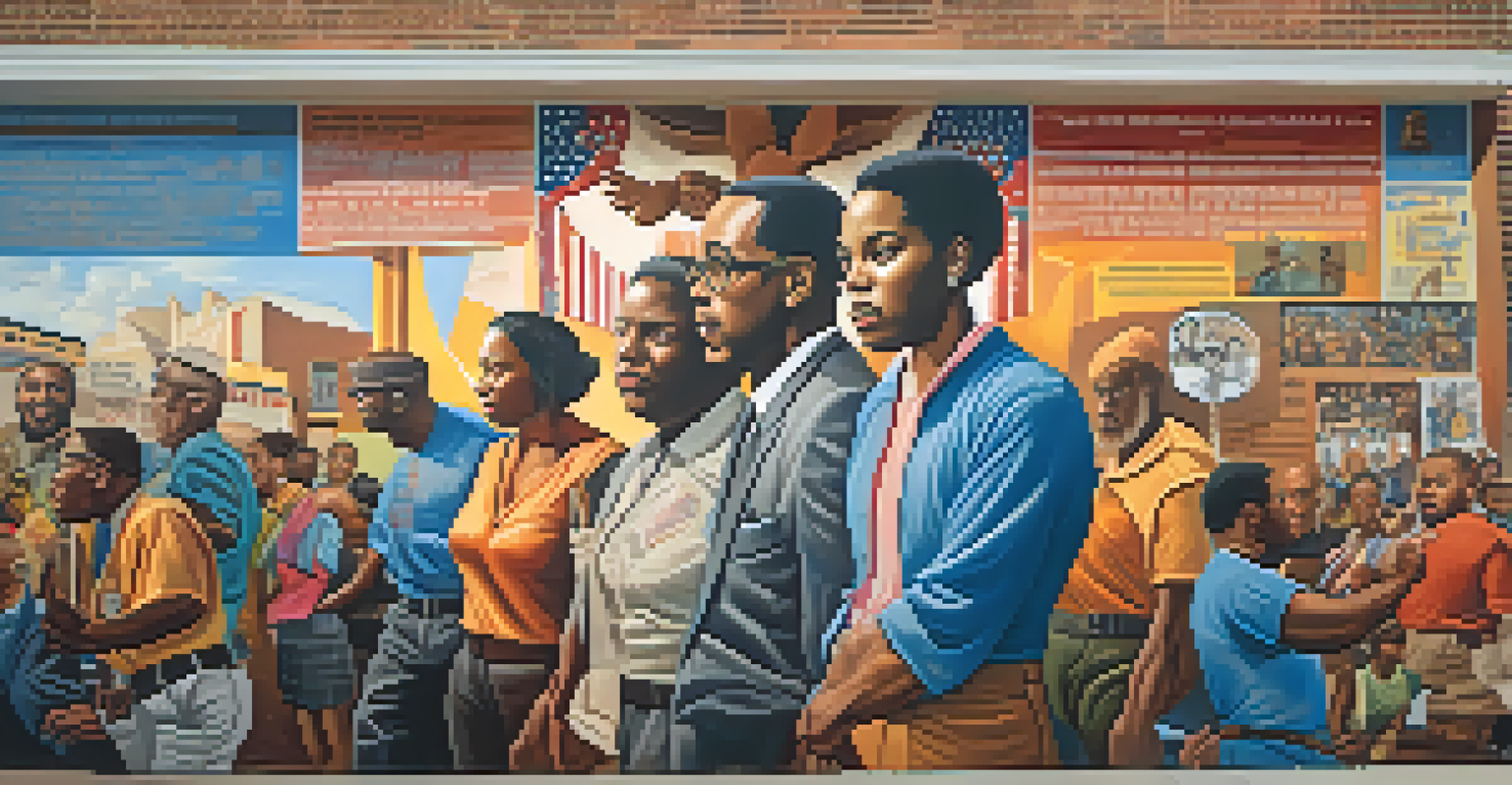 A vibrant mural honoring civil rights leaders, featuring powerful imagery and quotes, illuminated by soft evening light.