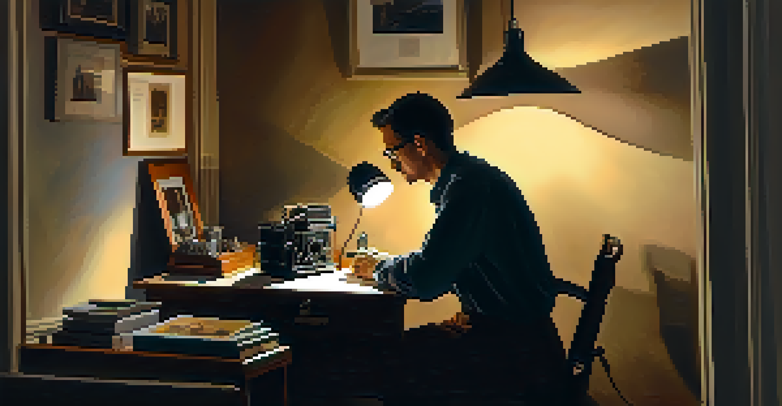 A filmmaker surrounded by photographs and a vintage camera, lost in thought in a dimly lit room.