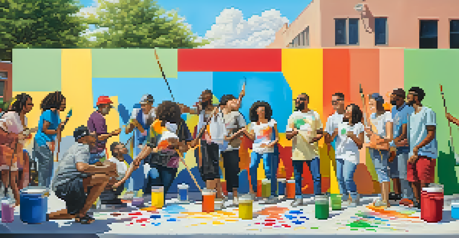 A group of diverse individuals joyfully painting a mural together outdoors, surrounded by colors and a lively community atmosphere under a blue sky.