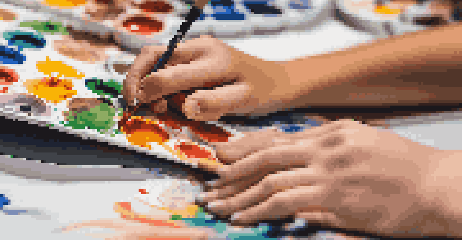 A close-up of a student's hands painting, with vibrant colors and blurred figures of other students in the background.