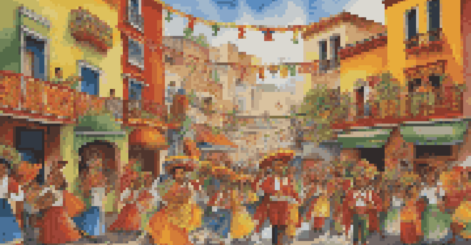 A colorful Mexican mural showing a lively festival scene with characters in traditional costumes, musical instruments, and vibrant decorations.