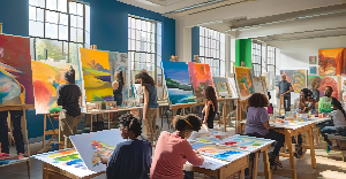 A lively art workshop with diverse participants creating art and sharing stories in a brightly lit room filled with colorful artwork.