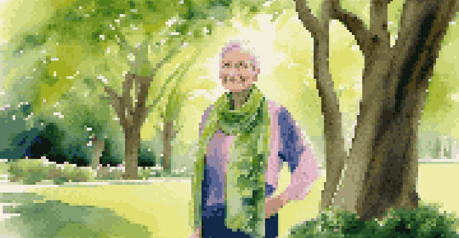 A cancer survivor in a park, wearing a bright scarf, surrounded by blooming flowers.