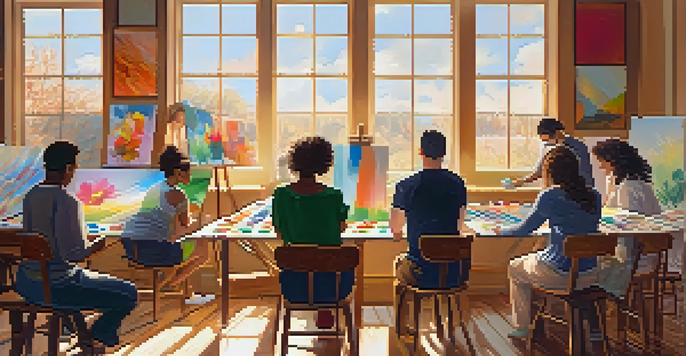 A group of people in a bright room participating in an art therapy session, painting on canvases with various colors and art supplies.