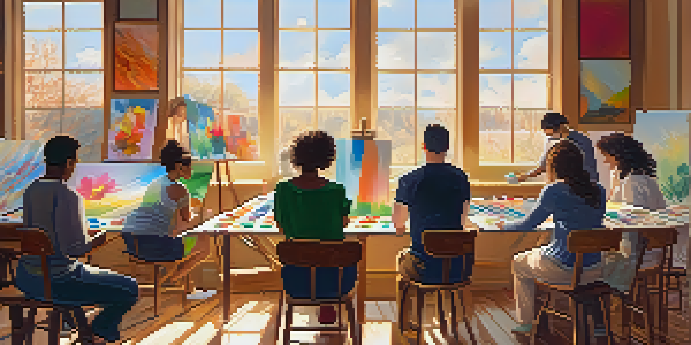 A group of people in a bright room participating in an art therapy session, painting on canvases with various colors and art supplies.