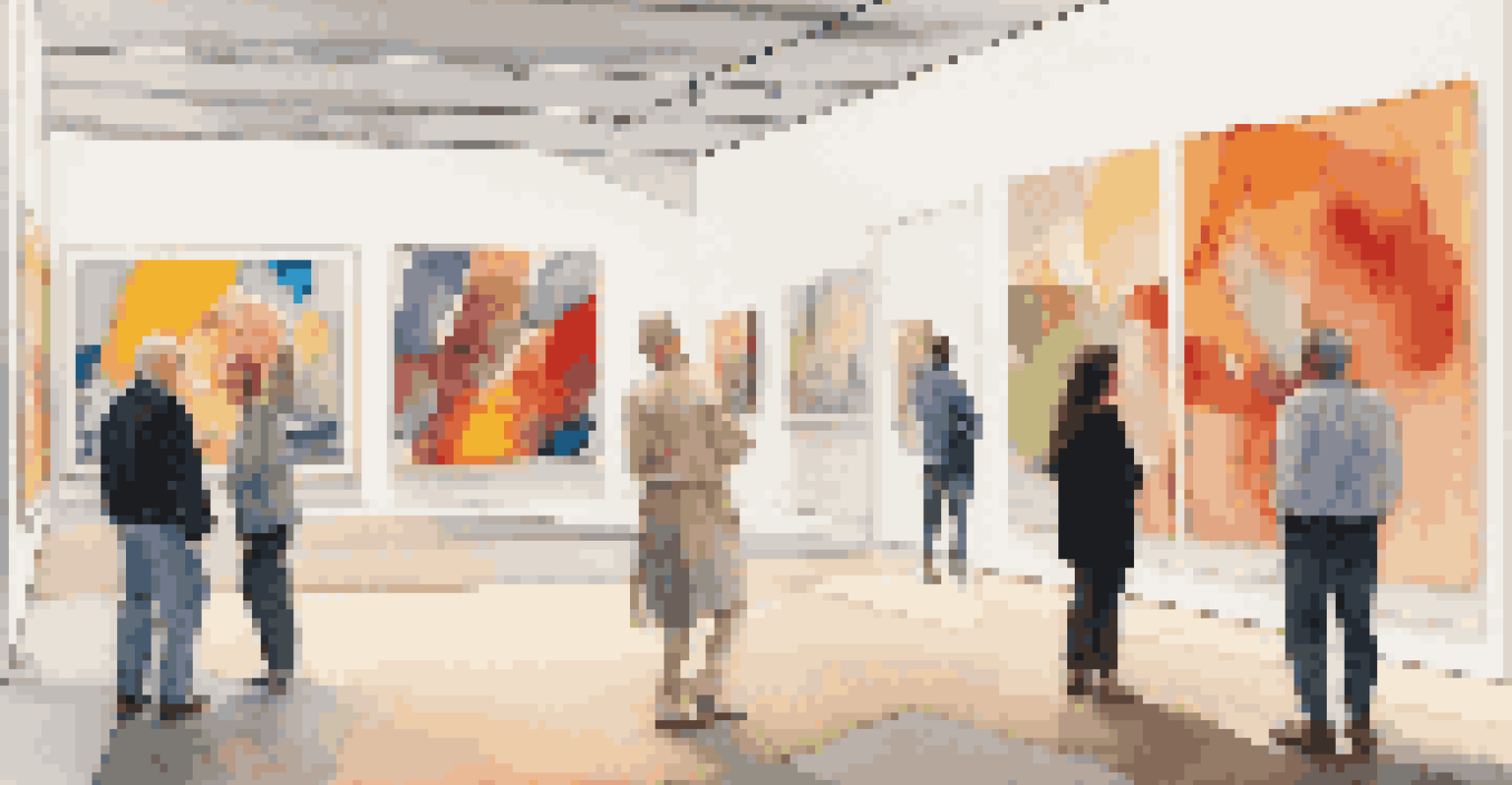 A vibrant modern art gallery filled with abstract art and diverse visitors.