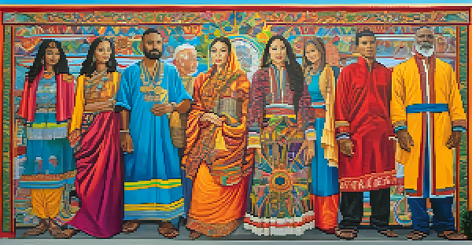A colorful mural showing diverse individuals from various cultures holding hands, with symbols of peace and unity in the background.