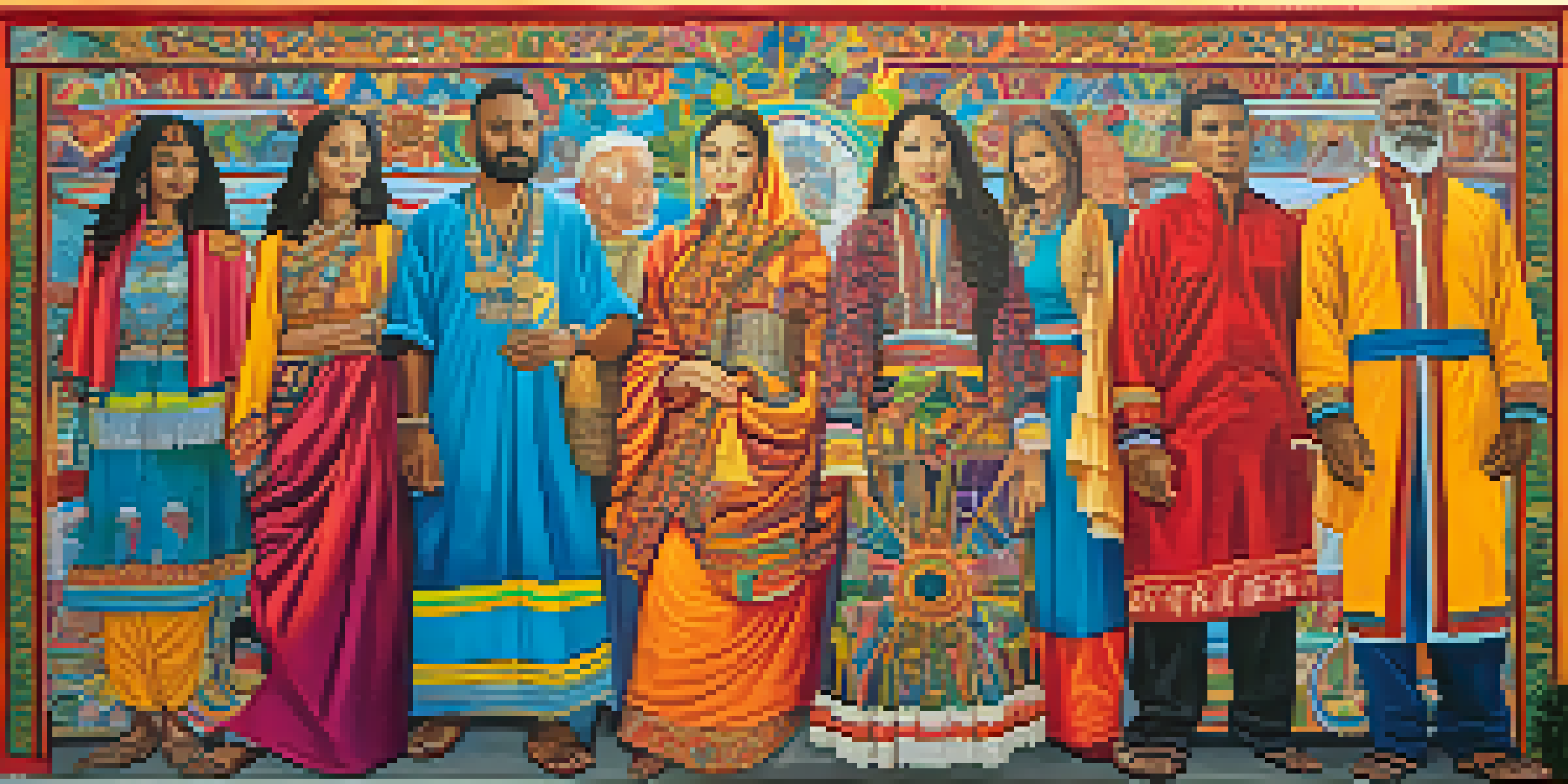 A colorful mural showing diverse individuals from various cultures holding hands, with symbols of peace and unity in the background.