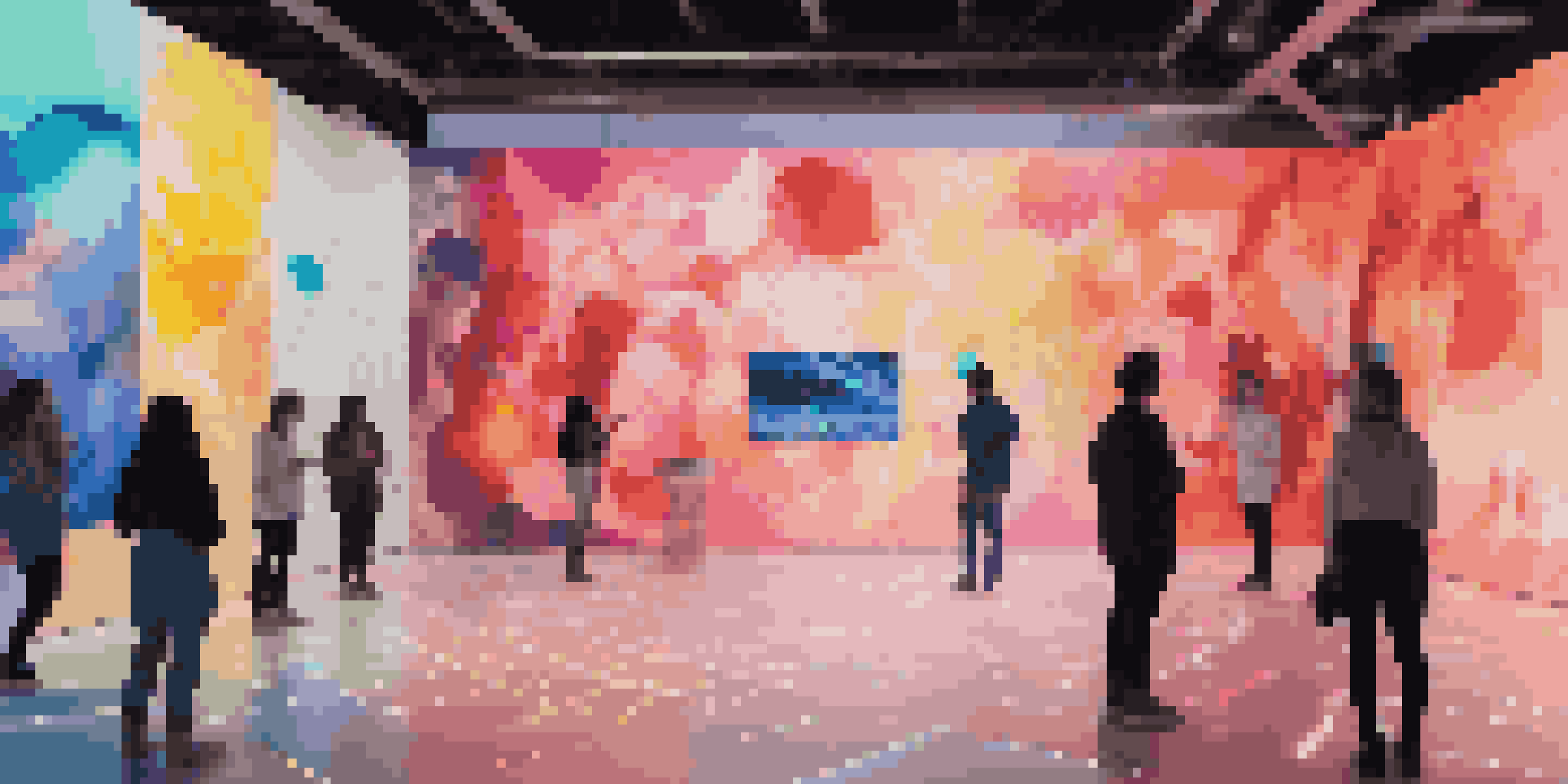 A colorful digital art installation in a modern gallery, with abstract shapes and light patterns interacting with visitors.
