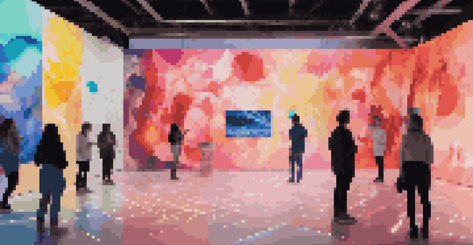 A colorful digital art installation in a modern gallery, with abstract shapes and light patterns interacting with visitors.