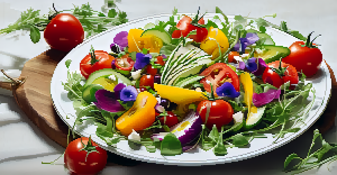 A colorful gourmet salad arranged on a white plate, featuring fresh vegetables and edible flowers, illuminated by soft light.