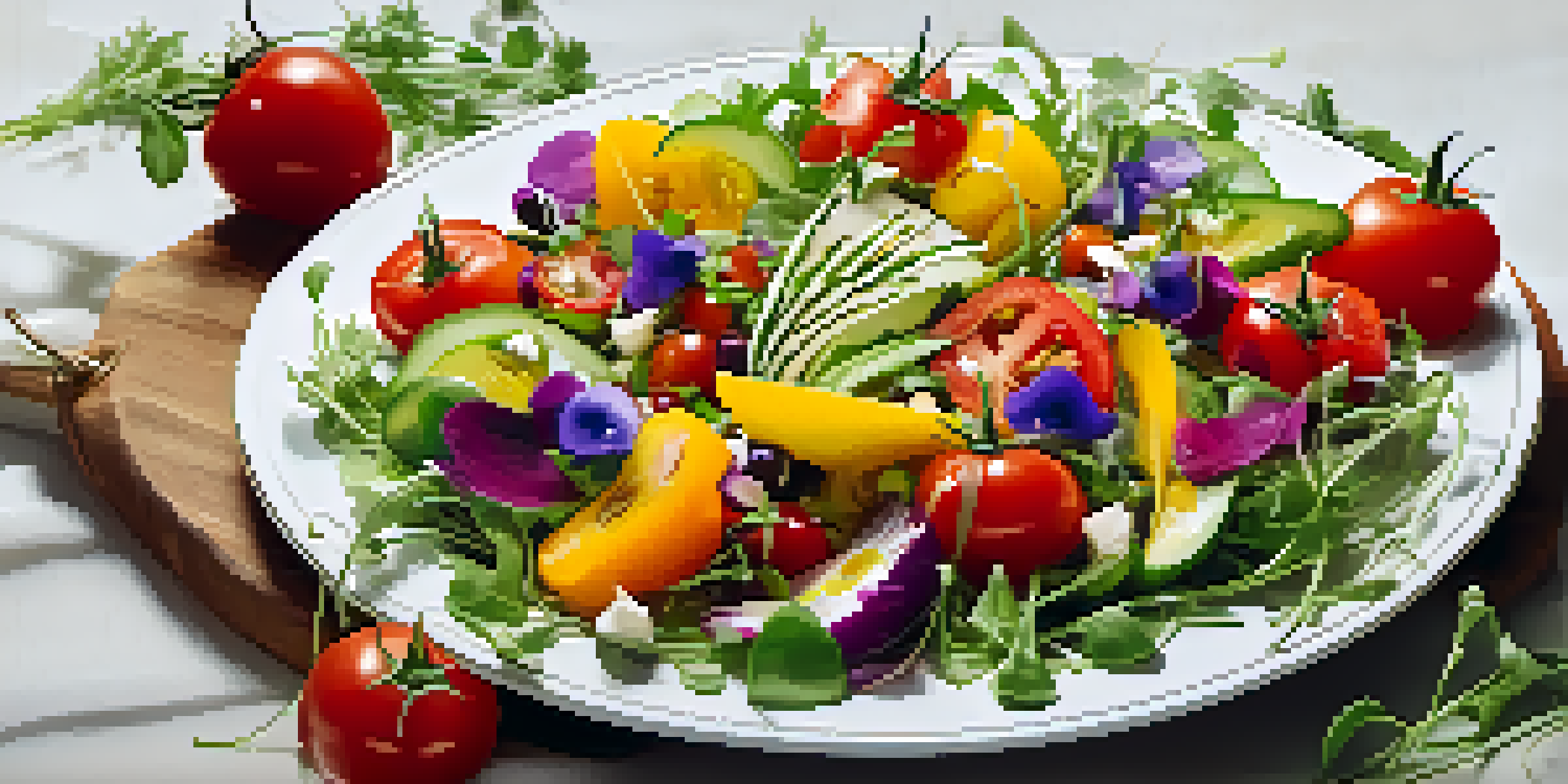 A colorful gourmet salad arranged on a white plate, featuring fresh vegetables and edible flowers, illuminated by soft light.